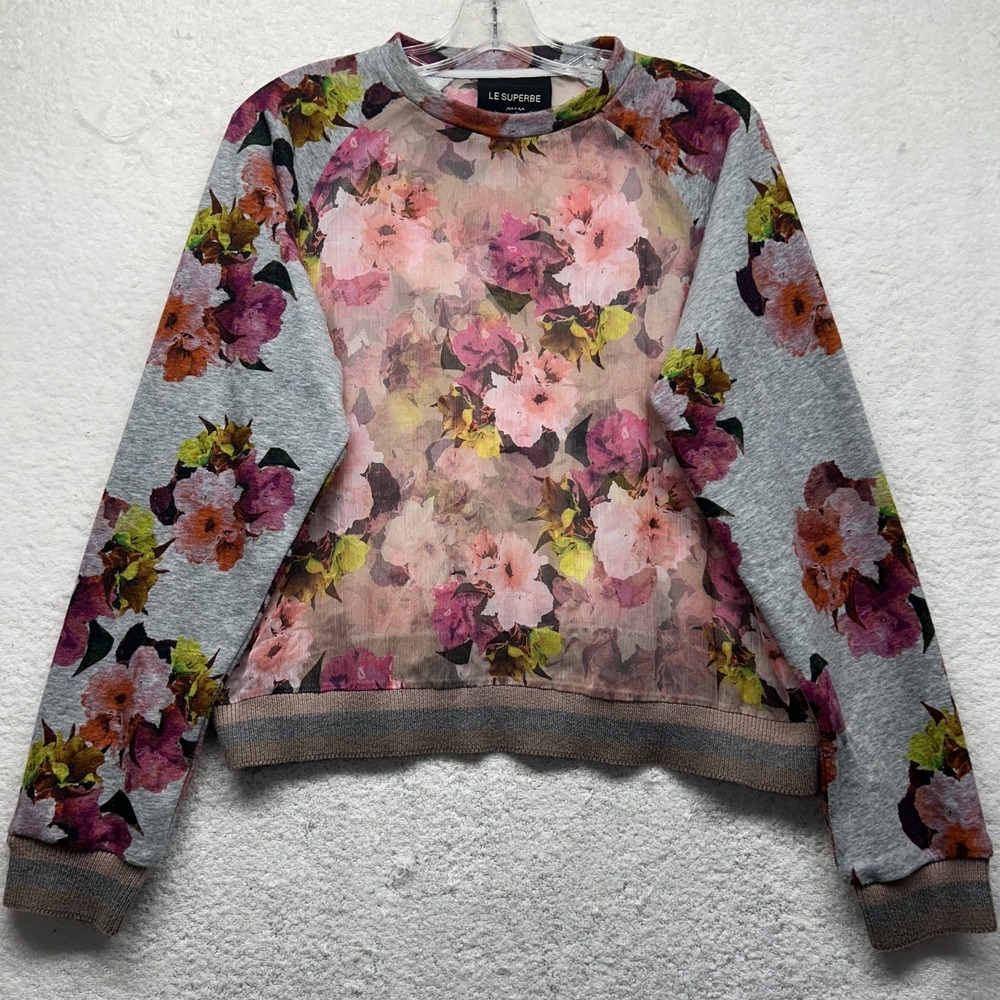 Le Superbe Womens Size S Gray Sheer Floral Crew Pullover Sweatshirt (T7)